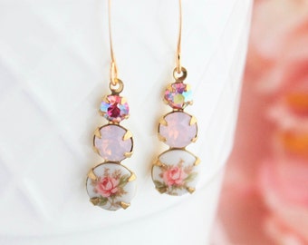 Pink Rose Earrings, Blush Pink, Rose Water Opal, Vintage Style, Rose Cameo, Gold Brass, Nickel Free, Lever back, Small Dangle, Romantic
