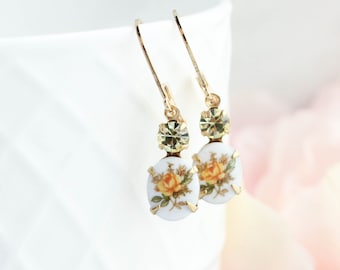 Yellow Rose Cameo Earrings Vintage Style Small Drop Earrings Womens Gift Lightweight Nickel Free Lever Back Country Chic Floral Gift for Her