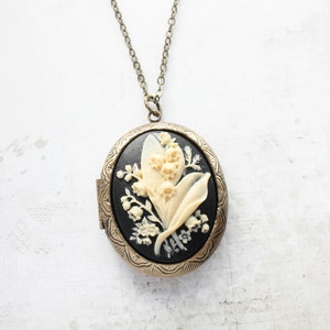 Big Cameo Necklace, Lily of the Valley, Locket Necklace, Black and Ivory Cream, Floral Pendant, Photo Locket Long Chain, Easter, Mothers Day