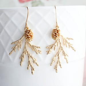 Gold Cedar Branch Earrings with Pine Cones, Nature Inspired, Woodland Wedding Jewelry