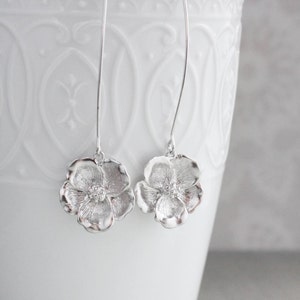 Cherry Blossom Earrings Long Dangles Silver Flower Earrings Wedding Jewelry Bridesmaid Gift Silver Rhodium Gift for her, Girlfriend, Wife