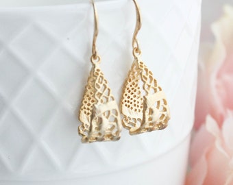 Gold Earrings | Modern Earrings | Lace Loop Filigree | Romantic Style | Unique Style | Teardrop Earrings | Bridesmaids Gift For Women