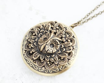 Owl Locket Necklace, Large Photo Pendant, Picture Locket, Vintage Style, Antiqued Gold Brass Filigree