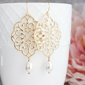 Gold Filigree Earrings (14 Pearl Colors) Big Lace Dangle Pretty Modern Large Gold Chandelier Pearl Drop Bridal Jewelry Bridesmaids Gift