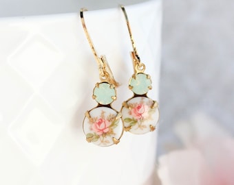 Little Pink Rose Drop Earrings, Mint Glass Jewel, Rhinestone Vintage Glass Cameo, Gold Lever Back Leverback Small Earrings Romantic Style