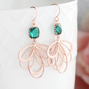 Rose Gold Earrings, Emerald Glass Earrings, Modern Filigree, Bridesmaids Gift, Nickel Free, Hunter Green, Rose Gold Wedding, Unique Dangles