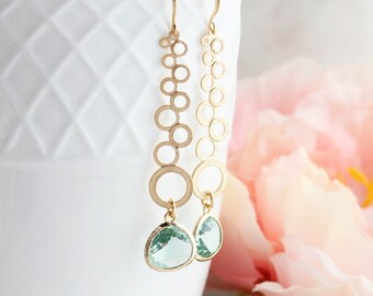 Long Gold Earrings with Aqua Glass Jewels (12 Colors) Matte Gold Modern Geometric Boho Chic Dangles Unique Cascading Circles Bubble Earring