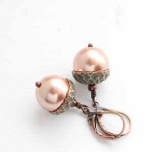 Rose Gold Pearl Acorn Earrings (8 Pearl Colors) Mint Patina Copper, Pearl Drops, Autumn Jewelry, Nature Inspired, Woodland Wedding Leverback