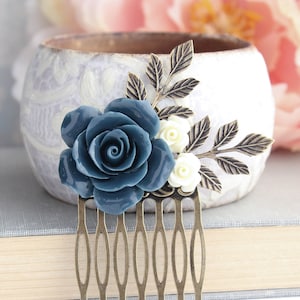 Navy Blue Rose Comb, Ivory Rose Hair Piece, Bridal Hair Comb, Floral Collage, Rustic Branches, Bridesmaids Gift, Flowers for Hair