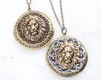 Lion Locket Necklace, Animal Photo Locket Pendant, Large Round Picture Locket Antiqued Silver Filigree, Leo Symbol of Bravery and Strength