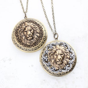 Lion Locket Necklace, Animal Photo Locket Pendant, Large Round Picture Locket Antiqued Silver Filigree, Leo Symbol of Bravery and Strength