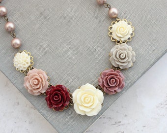 Floral Bib Necklace, Almond Blush Pearls Chain, Dusty Rose and Maroon Red, Unique Jewelry, Blush Rose and Light Grey Statement Necklace