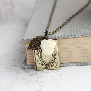 Book Locket Necklace Rose Charm Pendant Photo Picture Locket Rustic Wedding Unique Gift Booklovers Gift For Girlfriend Keepsake Jewelry