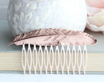 Feather Hair Comb (5 Metal Options) Rose Gold Comb, Nature  display picture 1