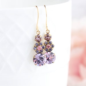 Violet Earrings, Purple Glass Jewel Earrings, Light Amethyst Floral, Rose Pink, Violet Austrian Glass, Gold Rhinestone Drop Vintage Glass