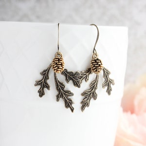 Rustic Branch Earrings Antiqued Gold Pinecone Dangles Woodland Jewellery Nature Inspired Leaf Autumn Fall Wedding Gift for women Her