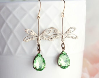 Gold Cream Patina Dragonfly Earrings Peridot Green Vintage Glass Rhinestone Jewels Long Dangle Crystal Glass Off White Garden Wedding