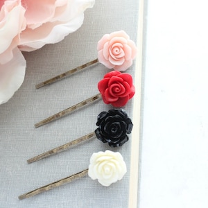 Black Rose Bobby Pin, Pink and Red Rose Hair Clip, Valentines Day, Flower Girl Gift, Red Flower Bobbies, Gift For Her, Daughter, Sister