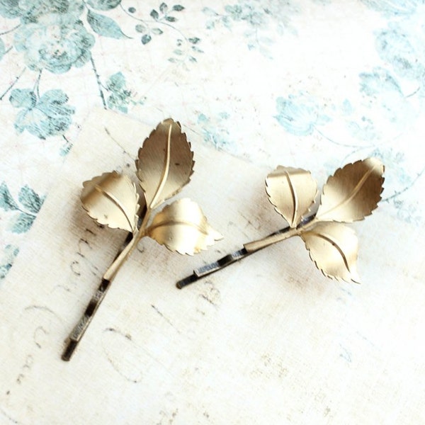 Gold Leaf Bobby Pins Branch Hair Accessories Fall Autumn Raw Brass Woodland Wedding Pair of Golden Leaves Nature Bridal Hair Clip Beach Hair