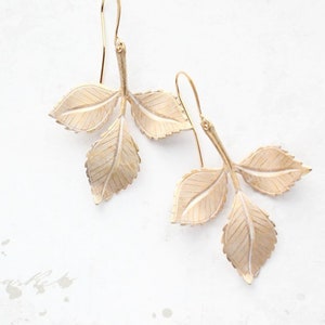 Branch Earrings, White Patina, Gold Leaves, Raw Brass Leaf, Woodland Wedding, Golden Leaves, Shabby White Jewelry, Big Dangle Earrings