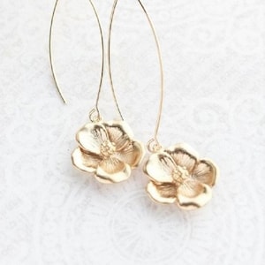 Gold Cherry Blossom Earrings Long Dogwood Dangles Modern Flower Earrings Wedding Jewelry Gift for her, Girlfriend, Spring Flowers Botanical