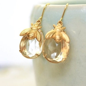 Honey Bee Earrings Summer Jewelry Gold Bumblebee Drop Earrings Crystal Clear Glass Insect Gift for Women Honeybee Earring Spring Jewelry