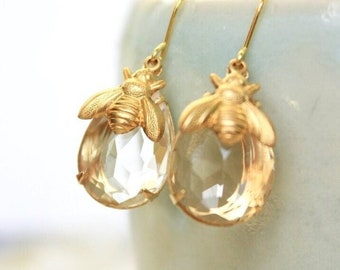 Honey Bee Earrings Summer Jewelry Gold Bumblebee Drop Earrings Crystal Clear Glass Insect Gift for Women Honeybee Earring Spring Jewelry