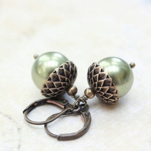 Acorn Earrings Green (21 Colors) Pearl Drops Autumn Jewelry Leverback Woodland Accessories Nature Inspired Christmas Gift for Girlfriend