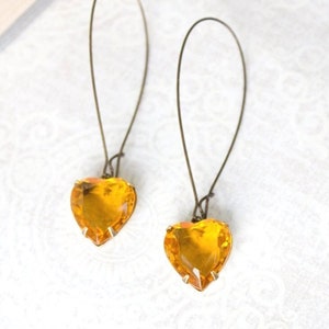 Long Earrings Yellow Earrings Topaz Heart Earrings Golden Honey Sunflower Yellow Vintage Glass Earrings Rhinestone Earrings Dangle Earrings