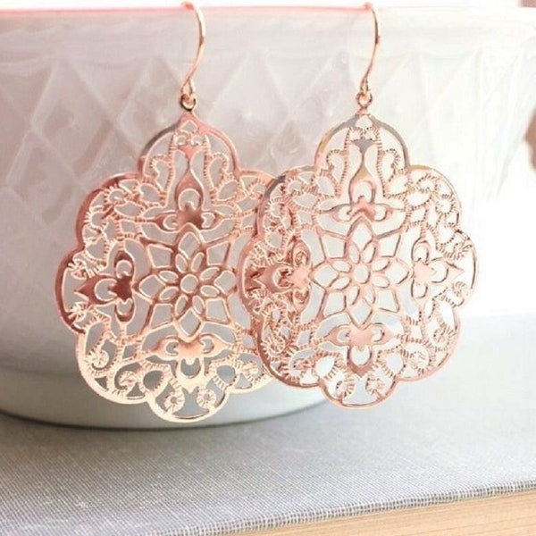 Rose Gold Earrings Big Lace Filigree Modern Large Dangle Pink Gold Spanish Style Boho Bridal Jewelry Bridesmaids Gift For Girlfriend