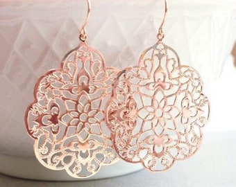 Rose Gold Earrings Big Lace Filigree Modern Large Dangle Pink Gold Spanish Style Boho Bridal Jewelry Bridesmaids Gift For Girlfriend