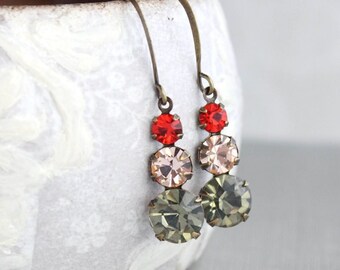 Vintage Glass Drop Earrings Small Jewel Earrings Womens Gift Lightweight Red Hyacinth Nickel Free Light Peach Earrings Black Diamond Jewel