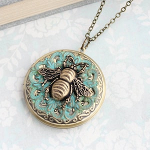 Honey Bee Necklace Large Round Picture Locket Pendant Keepsake Vintage Style Verdigris Patina Bumblebee Animal Unique Statement accessories