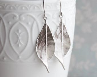 Long Silver Leaf Earrings Woodland Jewellery Nature Inspired Modern Leaves Dangle Unique Jewelry Gift For Her, Gift For Mom, Sister, Women