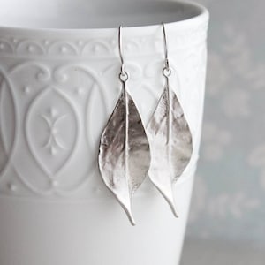 Long Silver Leaf Earrings Woodland Jewellery Nature Inspired Modern Leaves Dangle Womens Jewelry Gift For Her Under 30, Gift For Mom, Sister