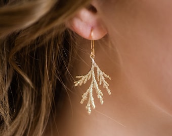 Gold Cedar Branch Earrings, Cypress Earrings, Nature Jewelry, Gift For Women Juniper Spruce Woodland Wedding handmade in Canada