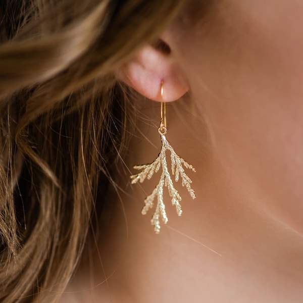 Gold Cedar Branch Earrings, Cypress Branch Earrings, Nature Jewelry, Gift For Women Juniper Spruce Earrings Woodland Wedding Unique Earrings