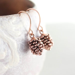 Antiqued Rose Gold Pinecone Earrings Small Pine cone Drop Jewellery Autumn Fall Womens Little Dangle Stocking Stuffer Gift for Her Christmas