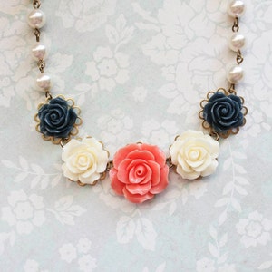 Coral Rose Necklace Navy Blue Bridal Accessories Statement Jewelry ...