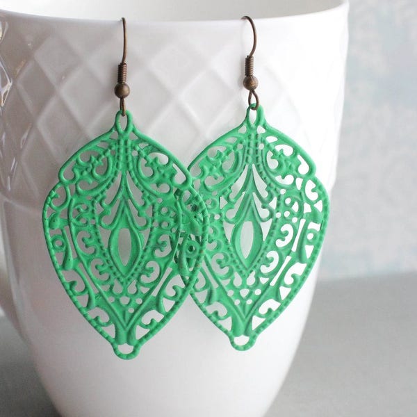 Patina Earrings, Jade Green Dangles, Big Filigree Earrings, Colorful Boho Jewelry, Bohemian Earrings, Hippie Chic, Leaf Chandelier, For Her