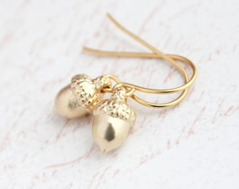 Little Acorn Earrings, Matte Gold Drops, Tiny Charm Earrings, Nature Fashion Jewellery, Small Drop Earrings Nickel Free Gift for Women