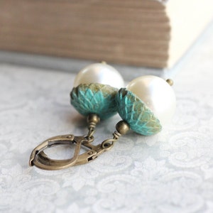 Pearl Acorn Earrings Nature Inspired Drop Earrings Teal Verdigris Patina Rustic Oak Woodland Acessories Gift for Women Gift Under 25