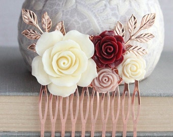 Floral Hair Comb, Rose Gold Branches, Deep Red Rose, Ivory Cream Rose, Dusty Pink Wedding, Bridal Hair Piece, Bridesmaids Gift, Off White