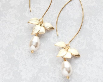 Gold Orchid Flower Earrings Long Floral Dangle Cream Pearl Earrings Bridemaids Gift For Her Gift For Wife Nickel Free Wedding Jewelry