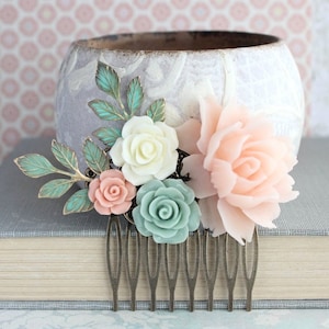 Floral Hair Comb, Pink and Green, Blush Pink Rose Comb, Bridal Hair Piece, Romantic Vintage Style, Blush Wedding Verdigris Patina Sage Green