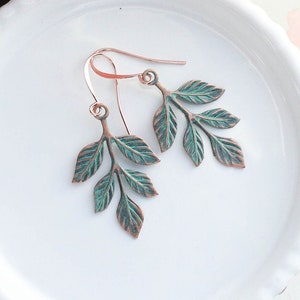 Copper Branch Earrings, Mint Patina Rose Copper Leaves Branch Rustic Woodland Wedding, Unique Gift, Nature Inspired, Aqua Mint Patina