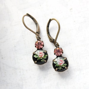 Pink Rose Earrings Vintage Glass Small Black Drop Pink Jewel Lightweight Nickel Free Lever Back Country Chic Gift for her Womens Jewelry