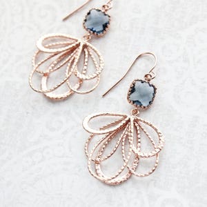 Rose Gold Earrings, Montana Blue, Navy Glass Earrings, Modern Filigree Dangles, Bridesmaids Gift, Pink and Navy Wedding, Gift For Women