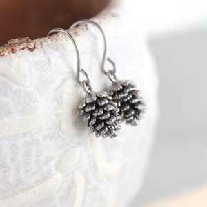 Rustic Silver Pinecone Earrings, Pine Cone earrings, Nature Jewellery, Woodland Wedding, Small Drop Earring Surgical Steel, stocking stuffer