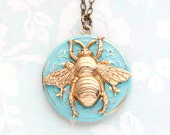 Bee Locket Necklace Raw Gold Brass Aqua Turquoise Patina Insect Wings Pendant Bumble bee jewelry Picture Photo Locket Honey Bee Lover Summet